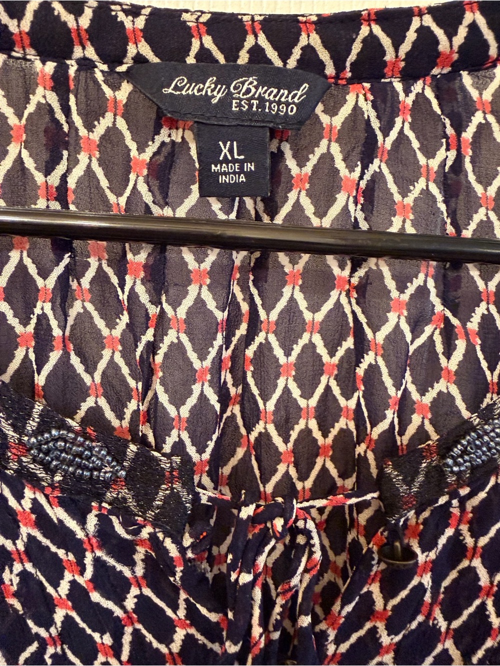Lucky Brand Boho Geometric Diamond
Tassel Sheer Peasant Blouse - Size XL. EUC - Picture 3 of 12
